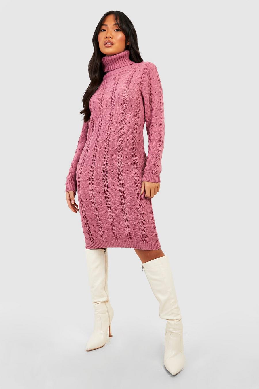 Berry Petite Roll Neck Cable Knit Midi Dress image number 1