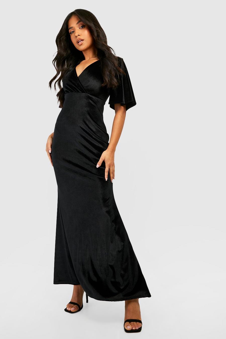 Black Petite Angel Sleeve Velvet Maxi Dress image number 1