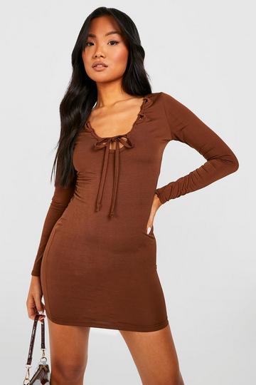 Chocolate Brown Petite Loop Detail Bodycon Mini Dress