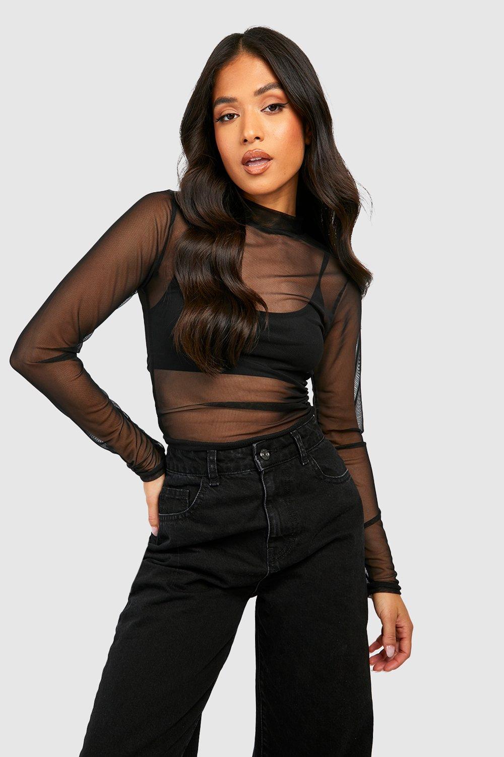 Buy Lipsy Mesh Black Mesh Long Sleeve High Neck Rib Top from Next Ireland