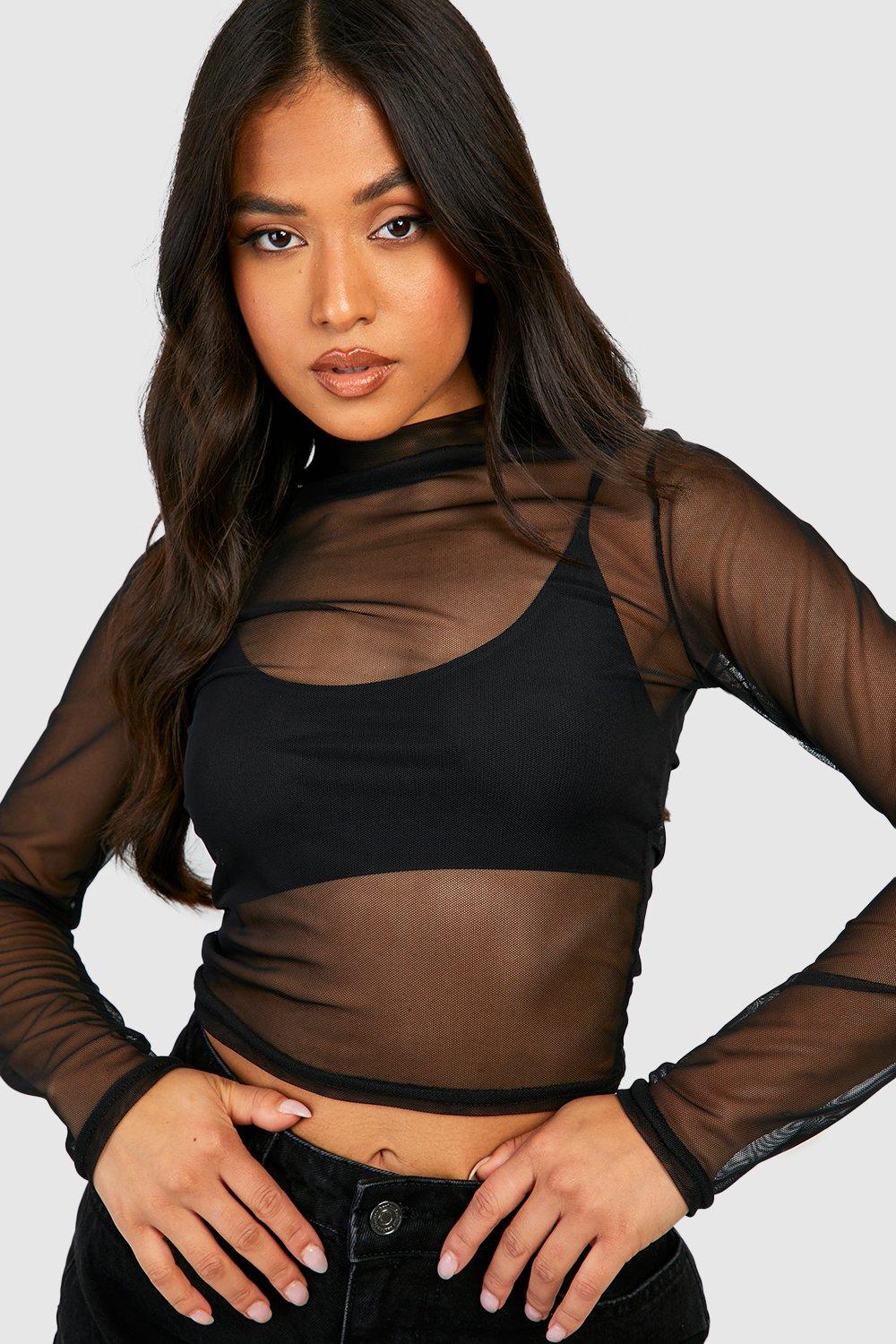 High neck long sleeve mesh top online