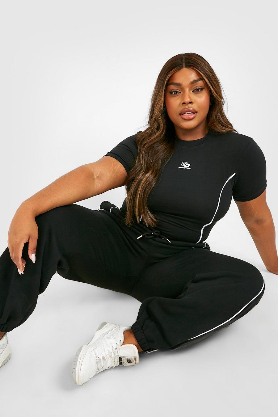 Black Plus Piping Detail Fitted Slinky Top And Track Pants Set image number 1