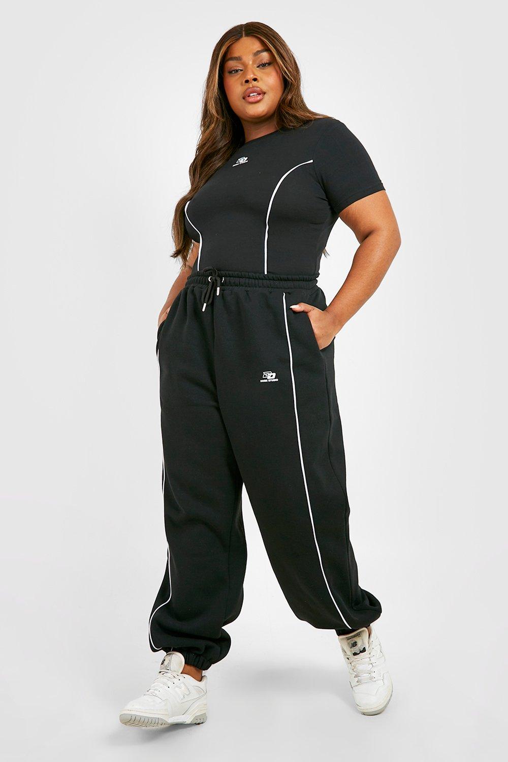 Plus Piping Detail Fitted Slinky Top And Jogger Set boohoo