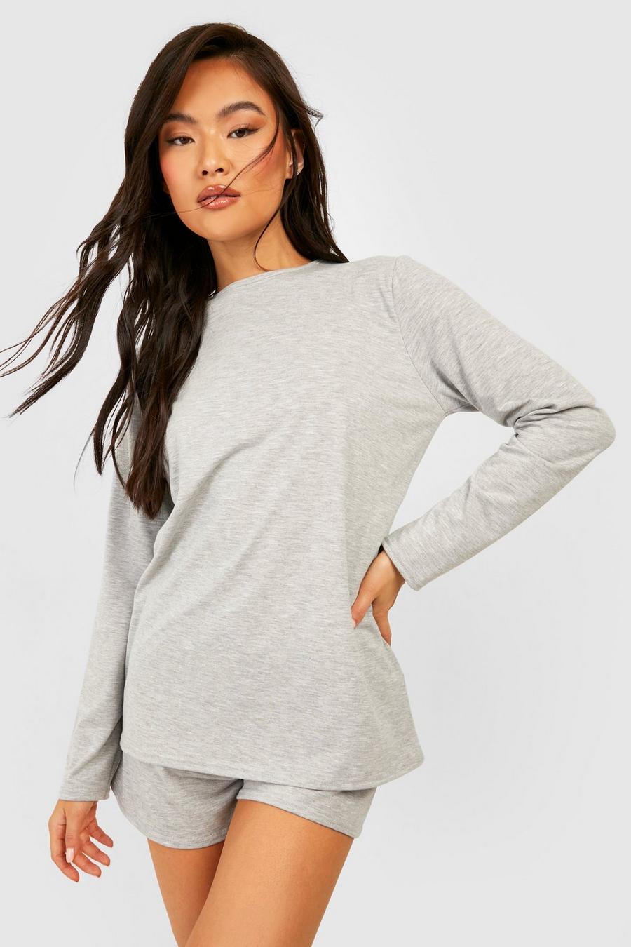 Basic Mix & Match Loungewear T-Shirt mit langen Ärmeln, Grey marl gris
