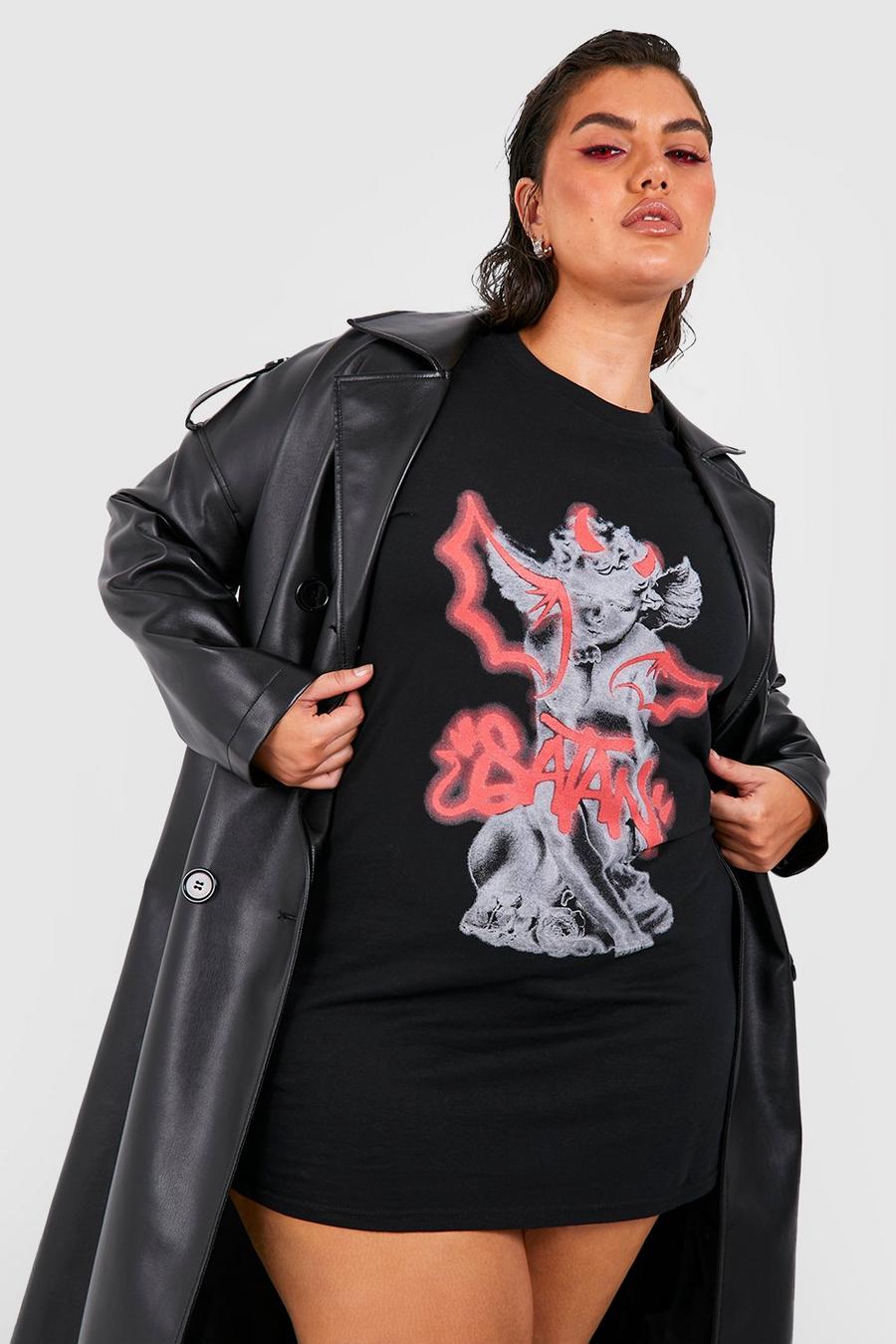 Black Plus Halloween T-shirtklänning med satan graffititryck image number 1