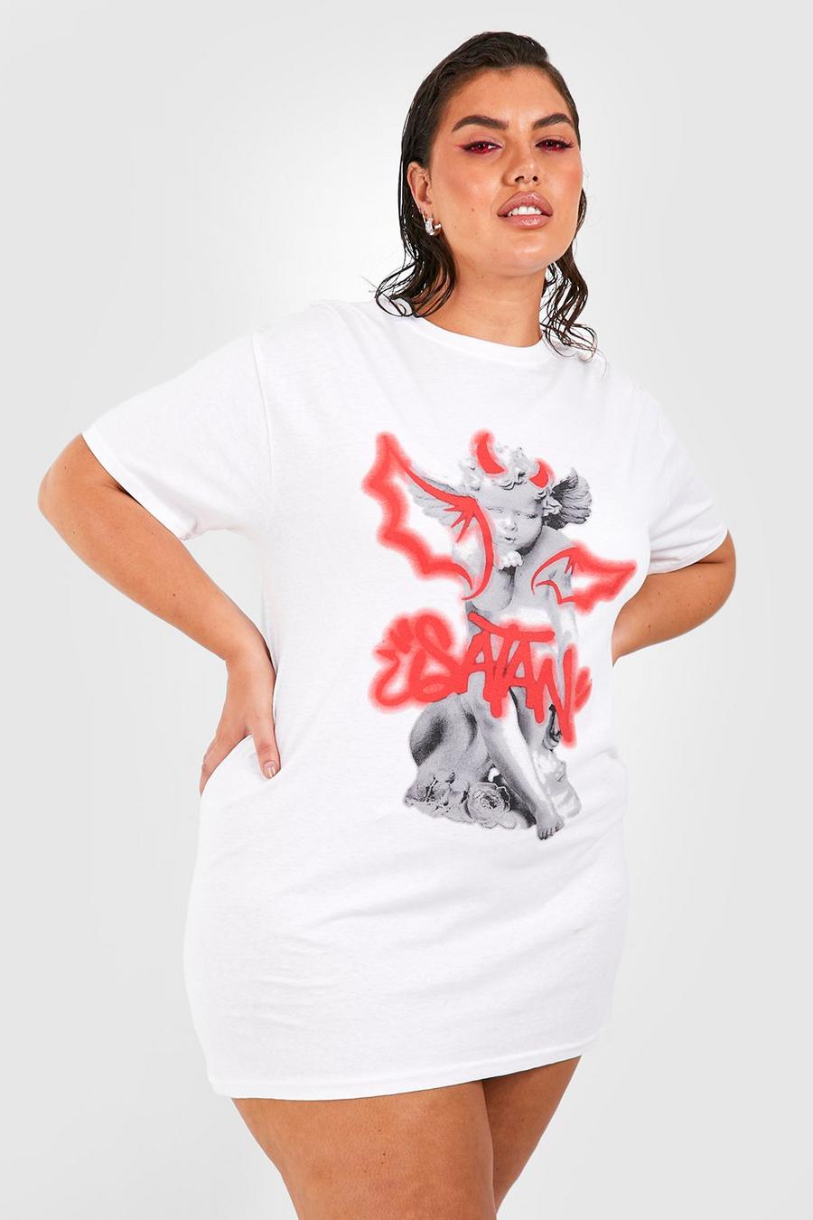 Grande taille - Robe t-shirt à imprimé graffiti et slogan Satan - Halloween, White blanc