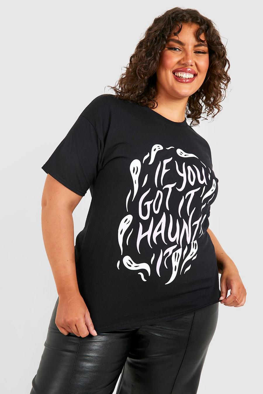 Grande taille - T-shirt oversize à slogan Haunt It - Halloween, Black image number 1