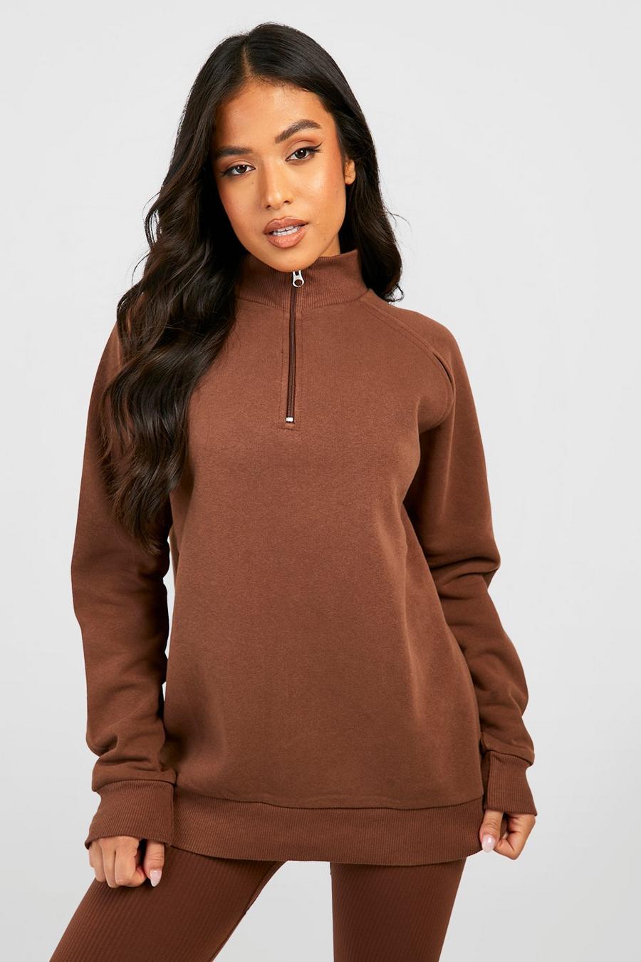 Chocolate brun Petite Cut Out Half Zip Sweatshirt