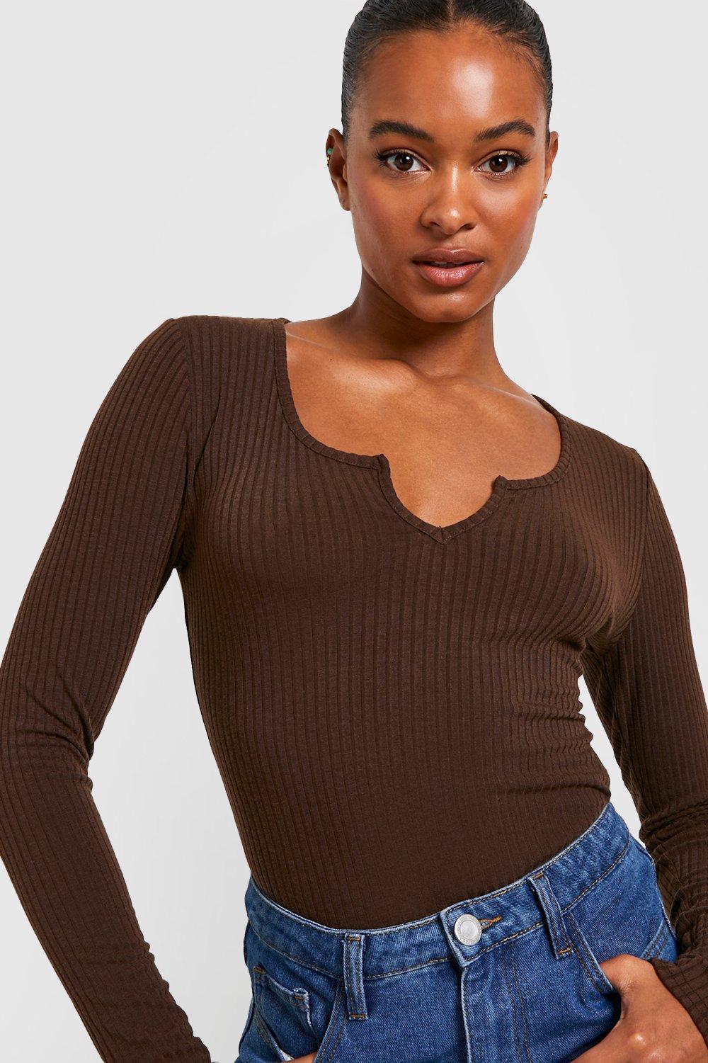 Buy Boohoo Tall Soft Ribbed Notch Neck Long Sleeves Bodysuit Top