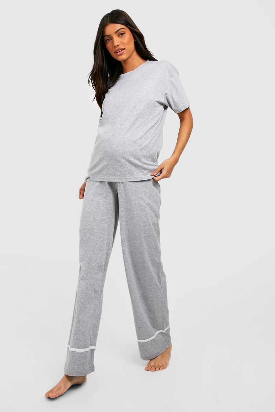 Grey marl Maternity Pipe Detail T-shirt Pyjama Set