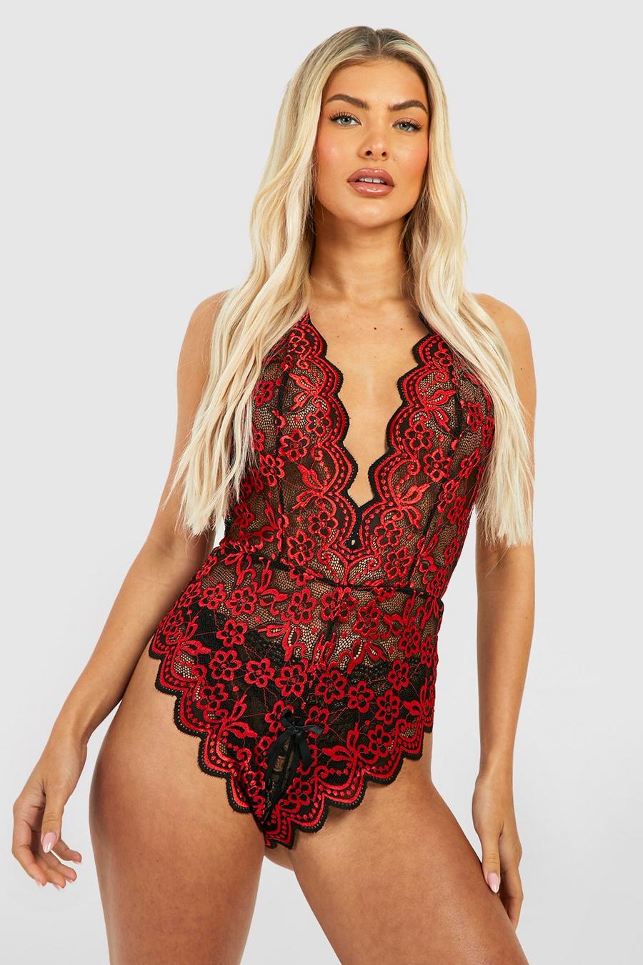 Red Crotchless Lace Bodysuit  image number 1