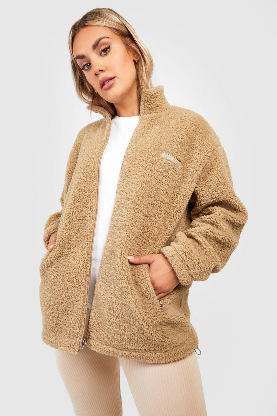 Taupe Plus Premium Sweatshirt i teddy med dragkedja