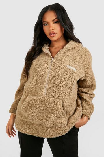 Plus Premium Borg Rubber Badge Half Zip Hoodie taupe