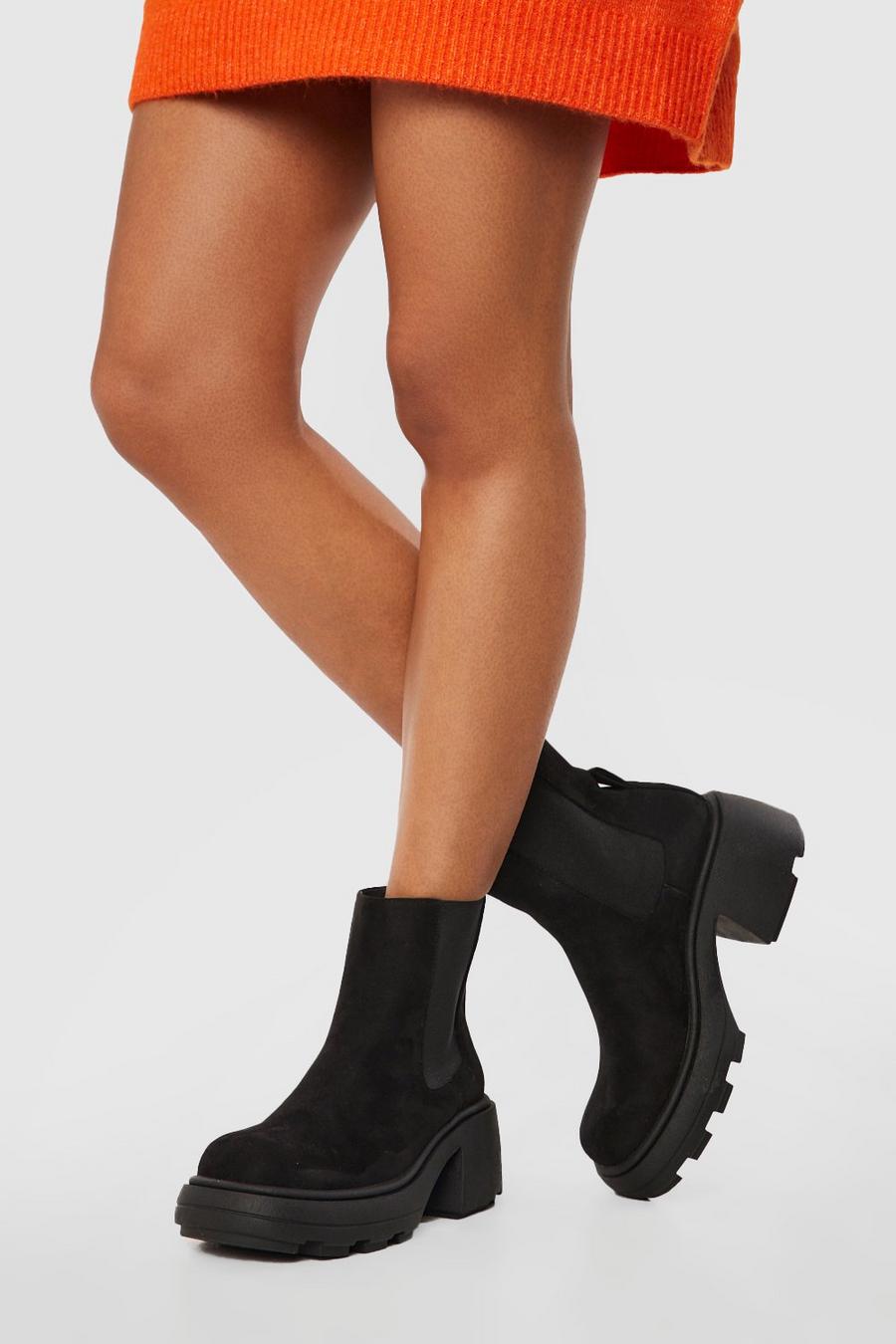 Black svart Chunky Block Heel Chelsea Boots