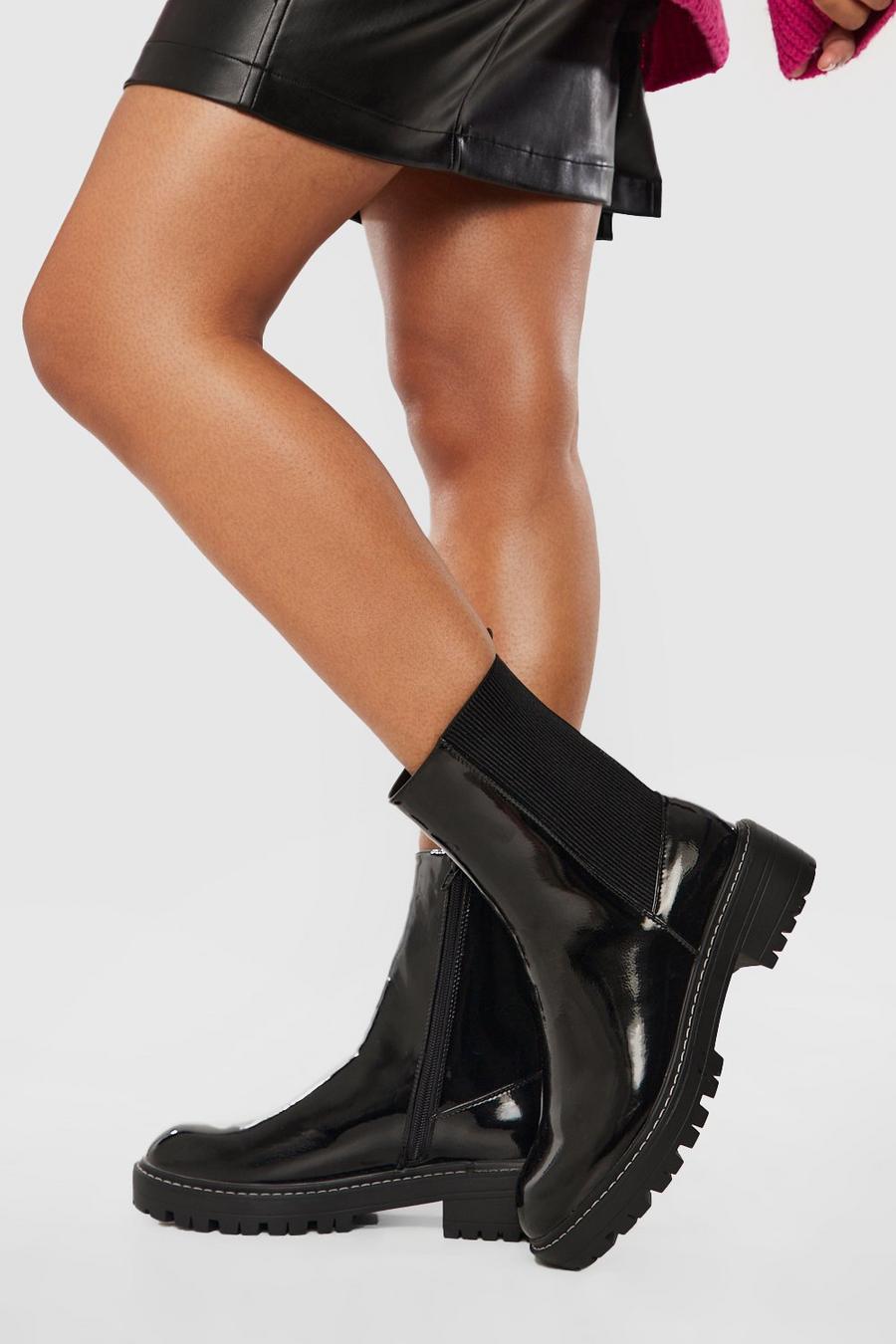 Black noir Wide Fit Ankle Detail Textured Patent Chelsea Boots