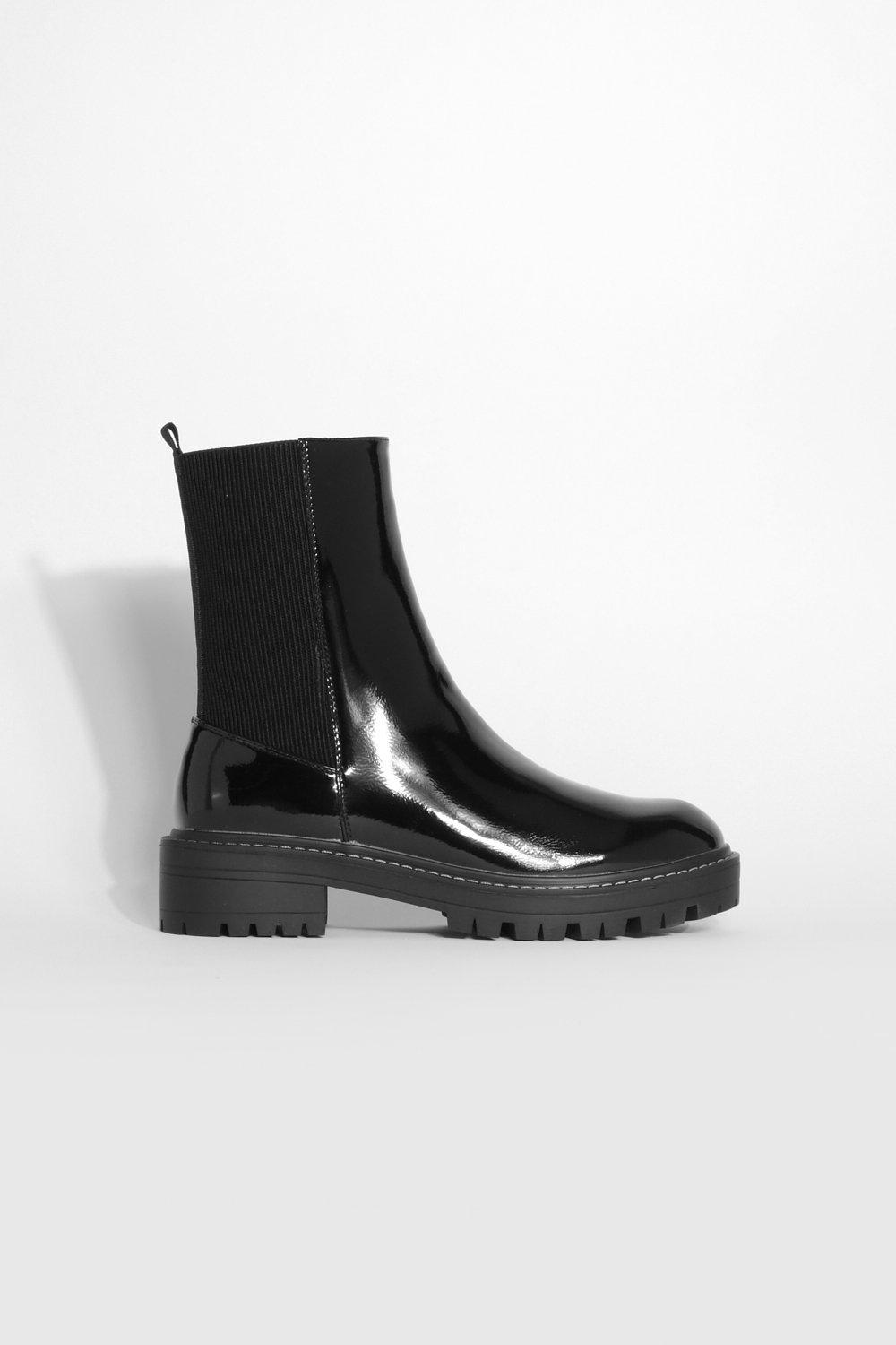 Wide Fit Ankle Detail Textured Patent Chelsea Boots boohoo