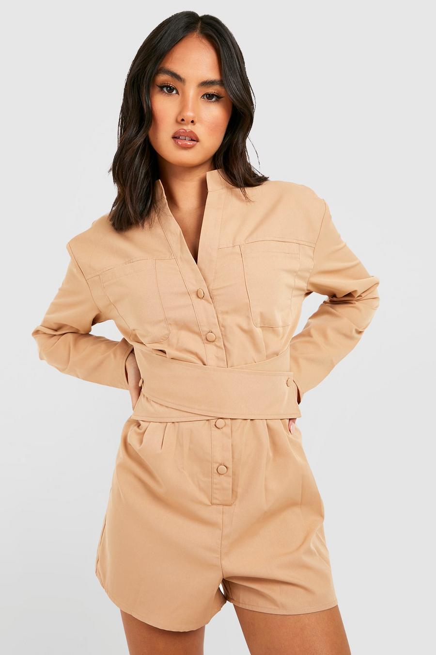 Stone beige Wrap Detail Collarless Utility Playsuit