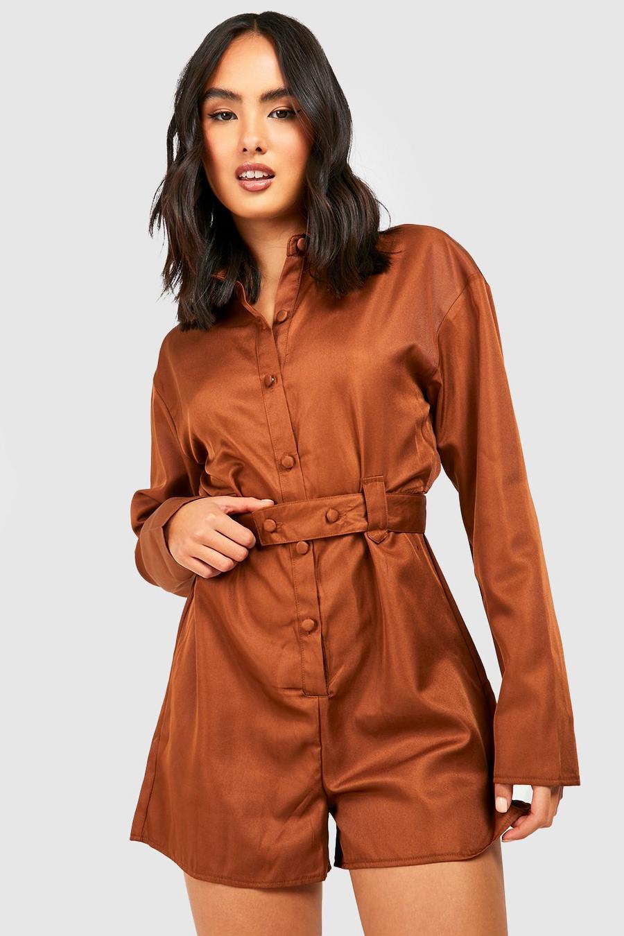Chocolate brown Belted Button Up Utility Romper