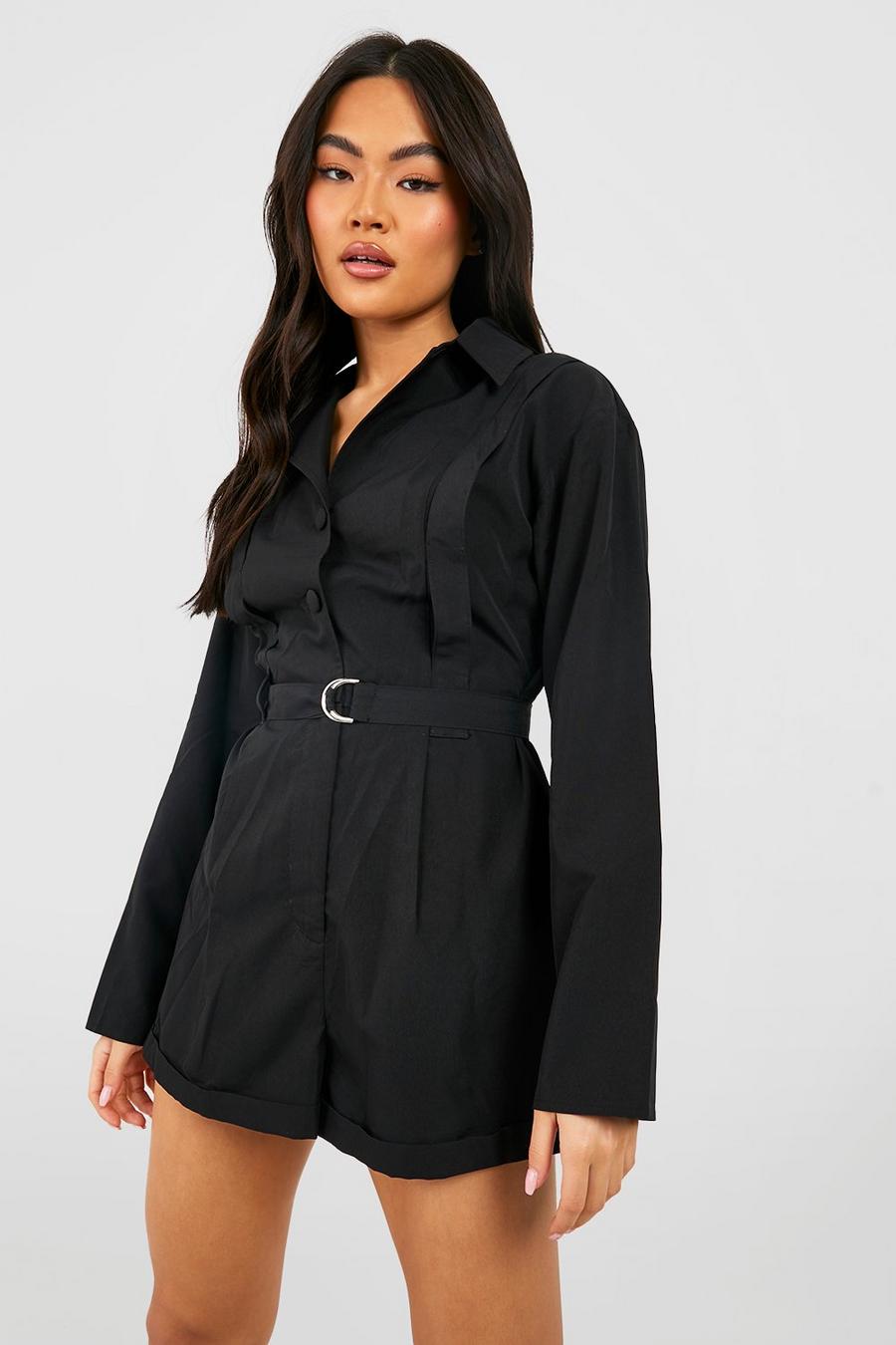 Black Belted Shirt Style Utility Playsuit