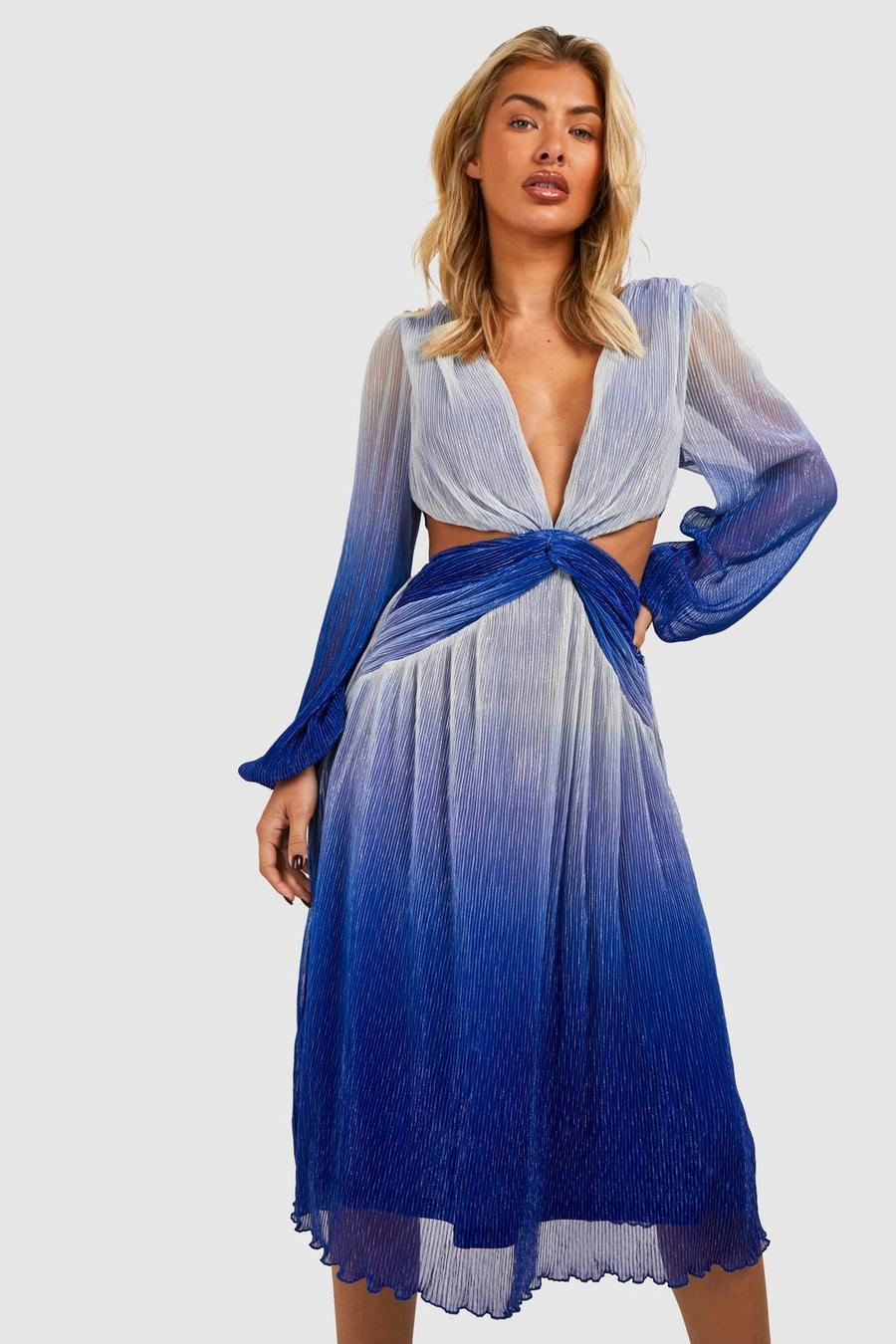 Bright blue Metallic Cut Out Plunge Midi Dress image number 1