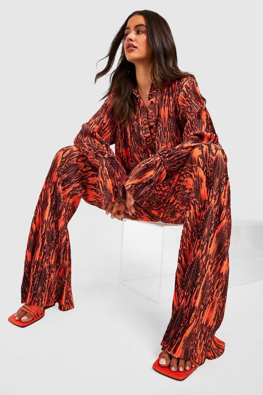 Pantalon large plissé à imprimé serpent, Orange image number 1