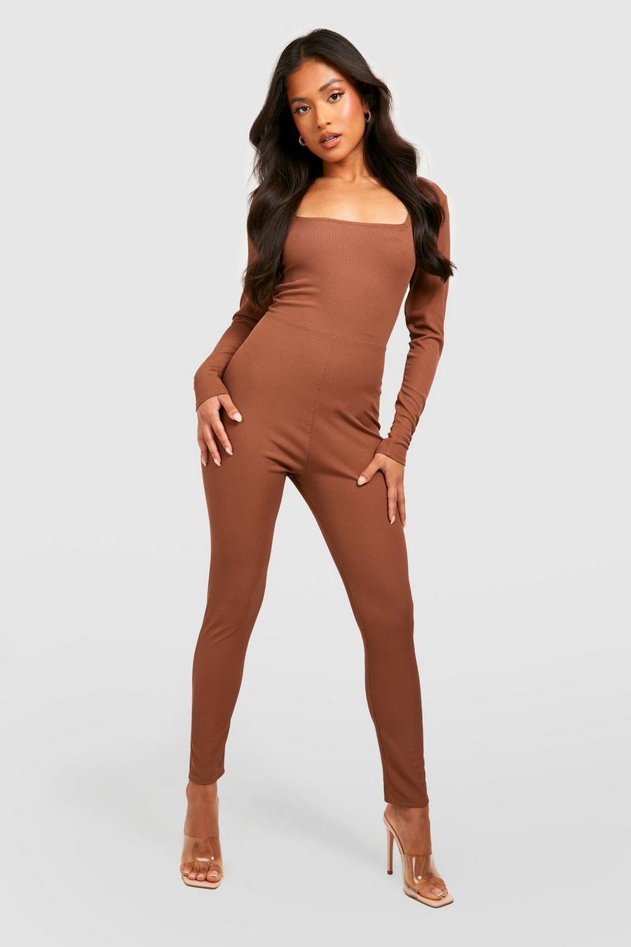 Chocolate brown Petite Basic Square Neck Jersey Jumpsuit