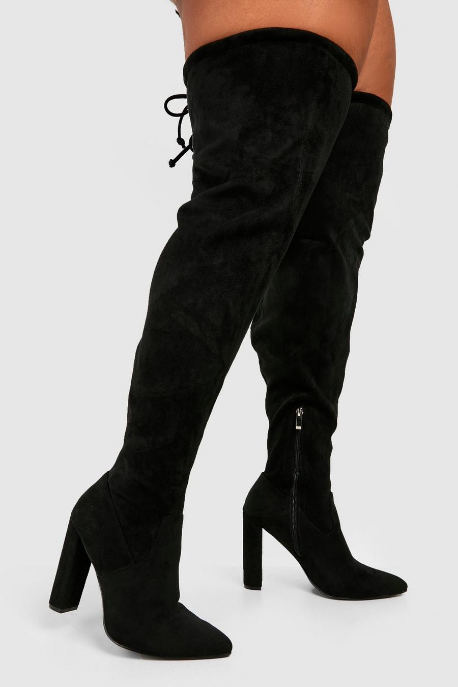 Black Wide Calf Tie Detail Heeled Over The Knee Boots image number 1