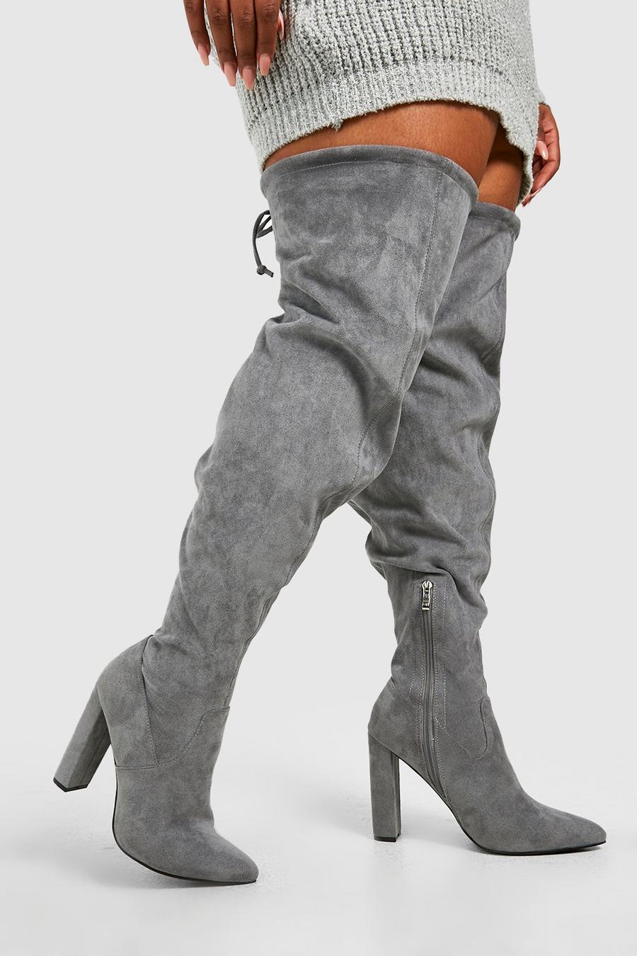 Grey Wide Calf Tie Detail Heeled Over The Knee Boots image number 1