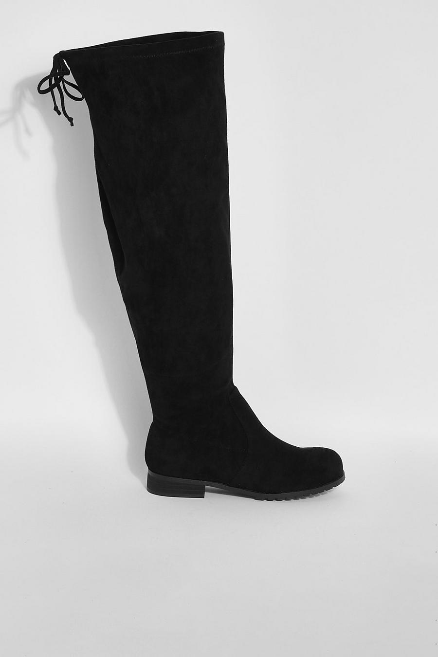 Black Wide Calf Tie Detail Over The Knee Boots