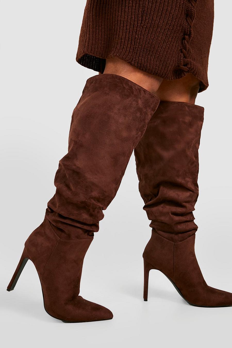 Chocolate brown Wider Calf Ruched Detail Knee High Boots