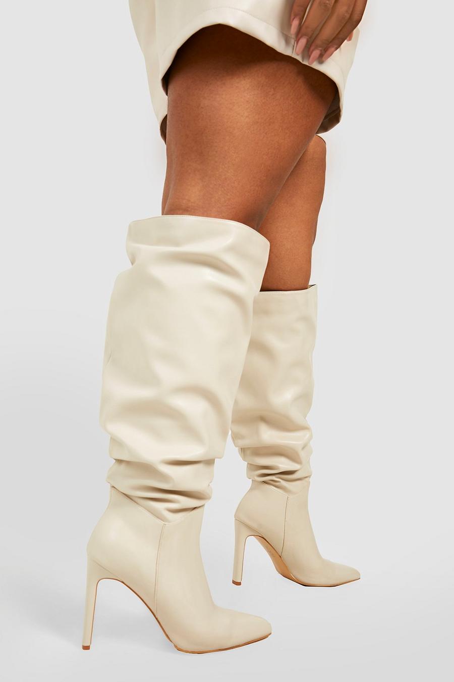 Ecru white Wider Calf Ruched Detail Knee High Boots
