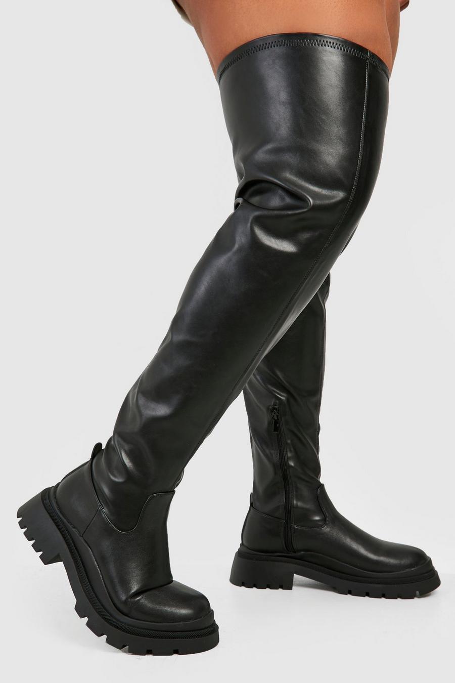 Black Wide Calf Chunky Stretch Pu Over The Knee Boots image number 1