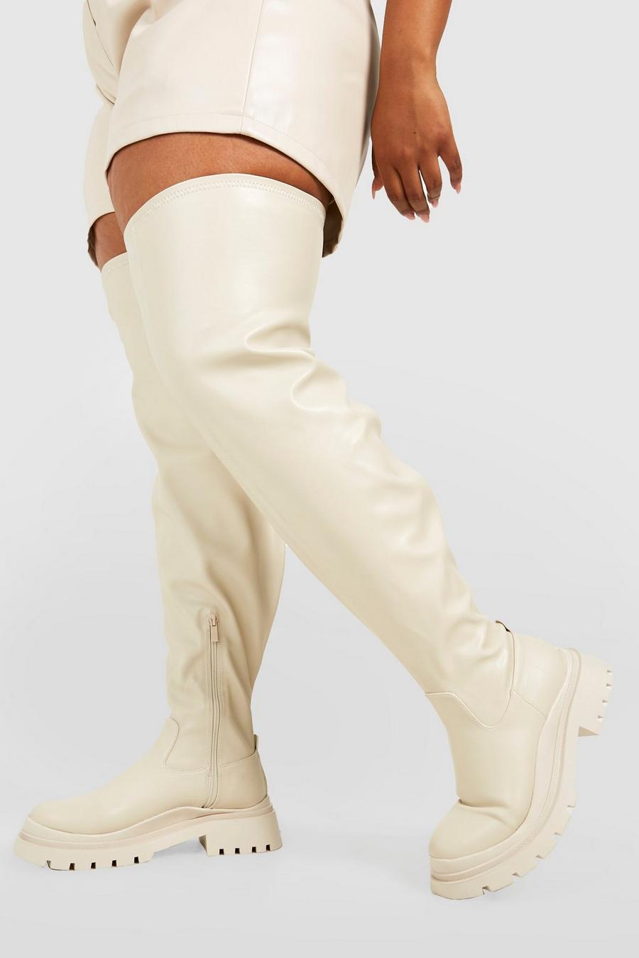 Ecru vit Wide Calf Chunky Stretch Pu Over The Knee Boots image number 1