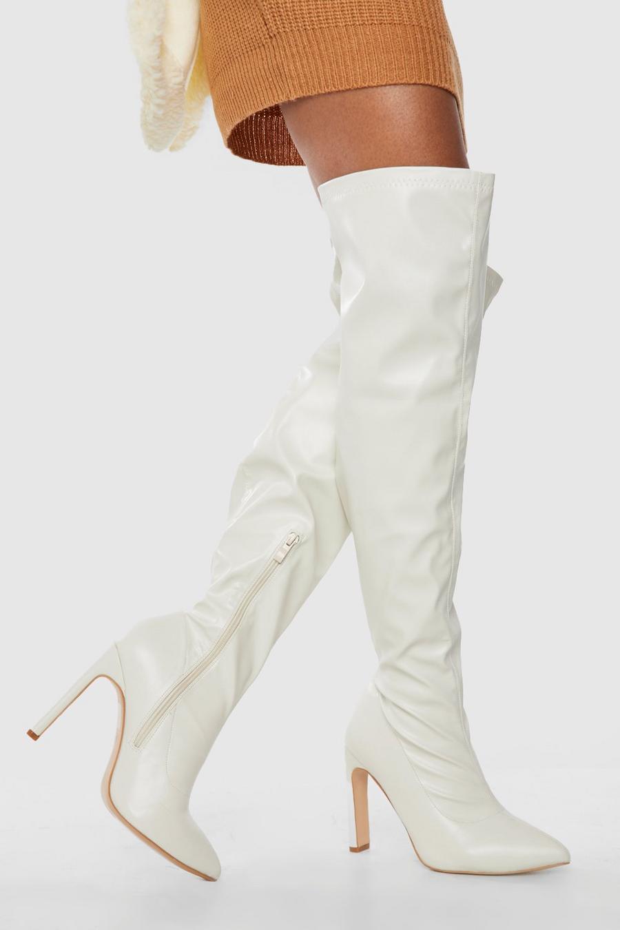 Cream Wide Fit Pointed Toe Pu Over The Knee Boots  image number 1