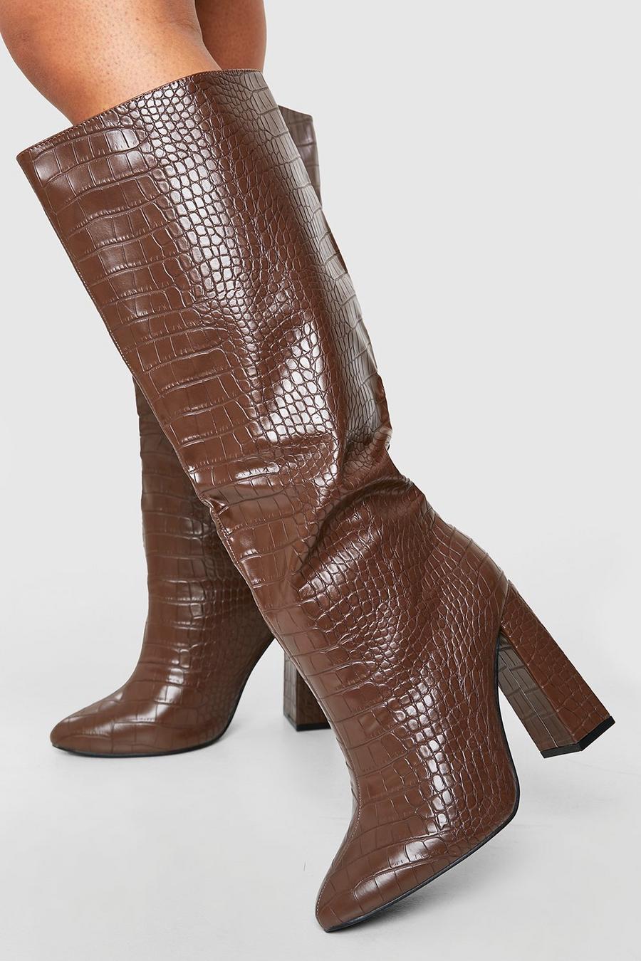 Breite Passform kniehohe Kroko-Stiefel mit Blockabsatz, Chocolate