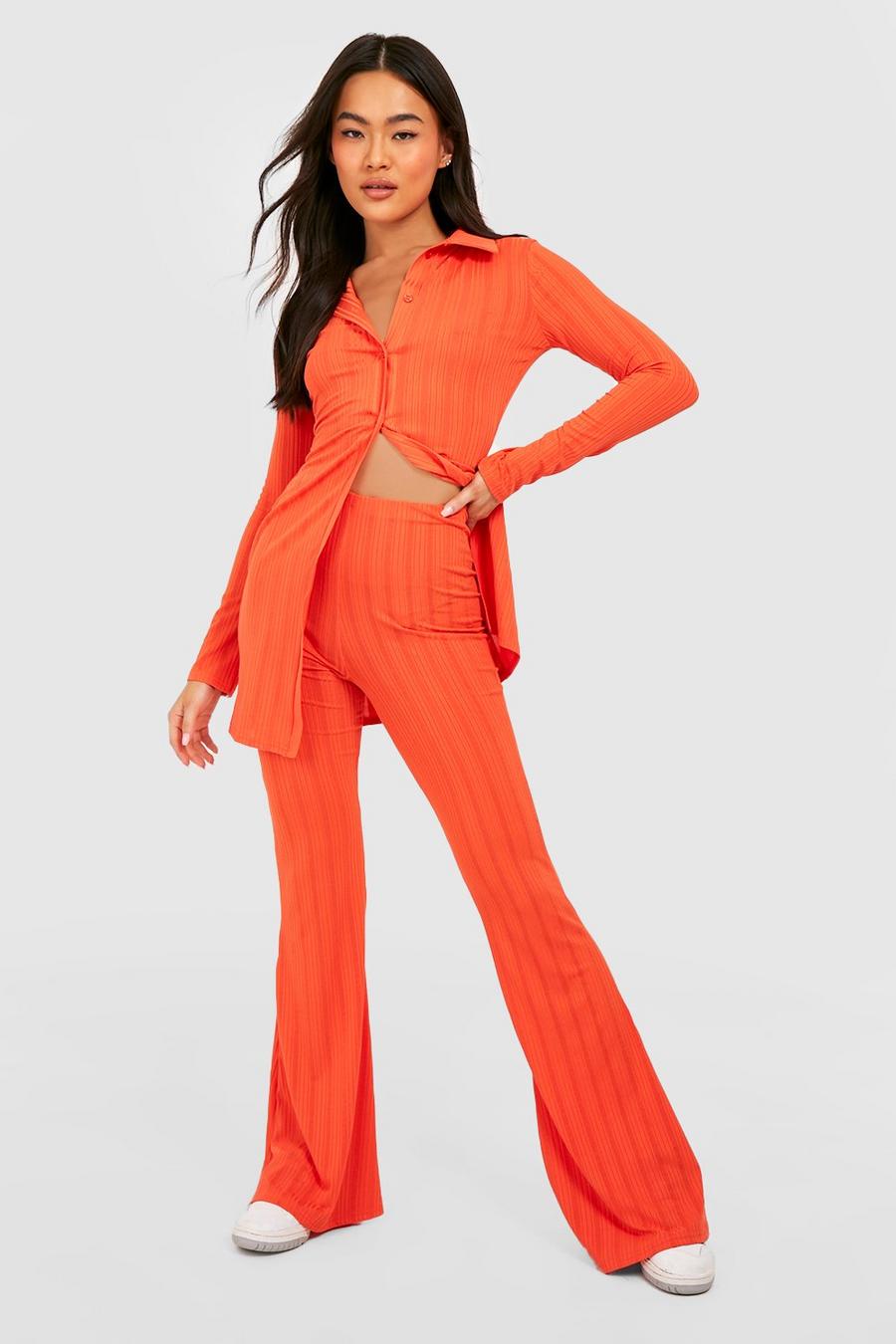 Red rojo Ribbed High Waisted Full Length Trousers