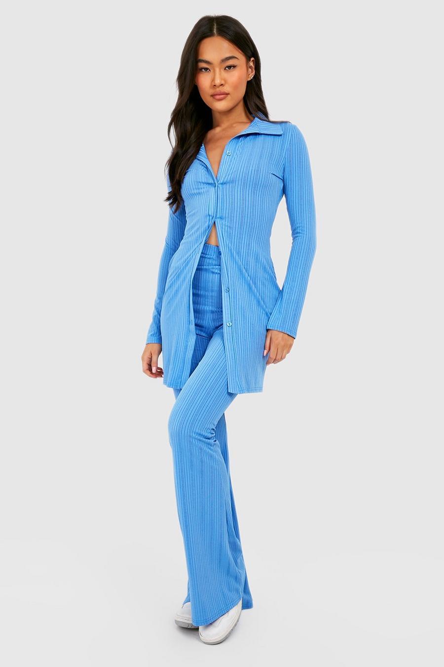 Blue Ribbed Longline Button Front Shirt