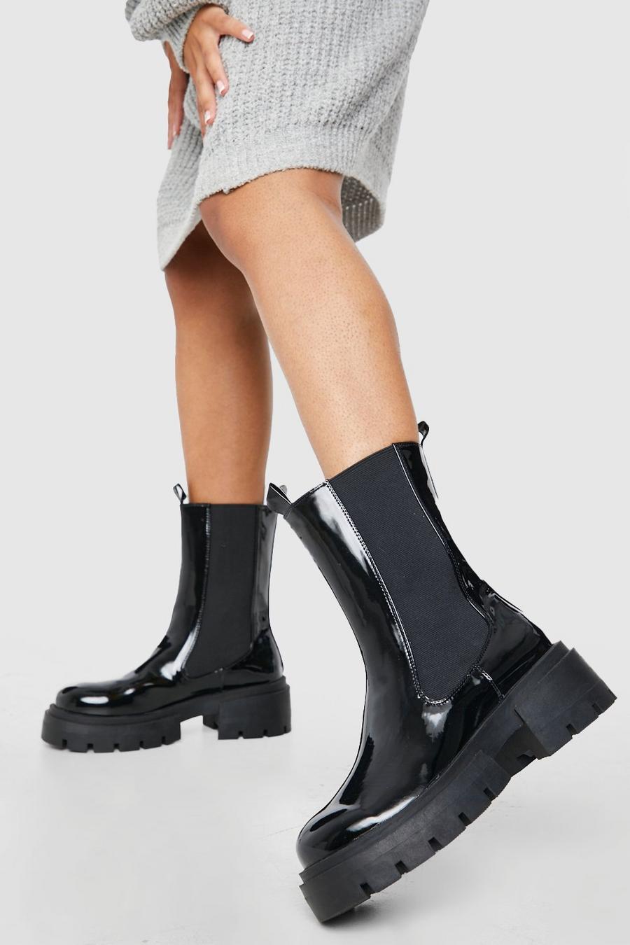 Black svart Wide Fit Patent Chunky Calf Boots