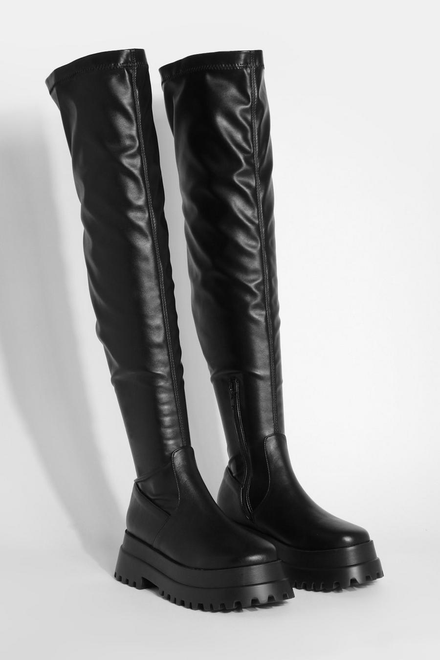 Black Wide Fit Stretch Pu Over The Knee Chunky Boots image number 1