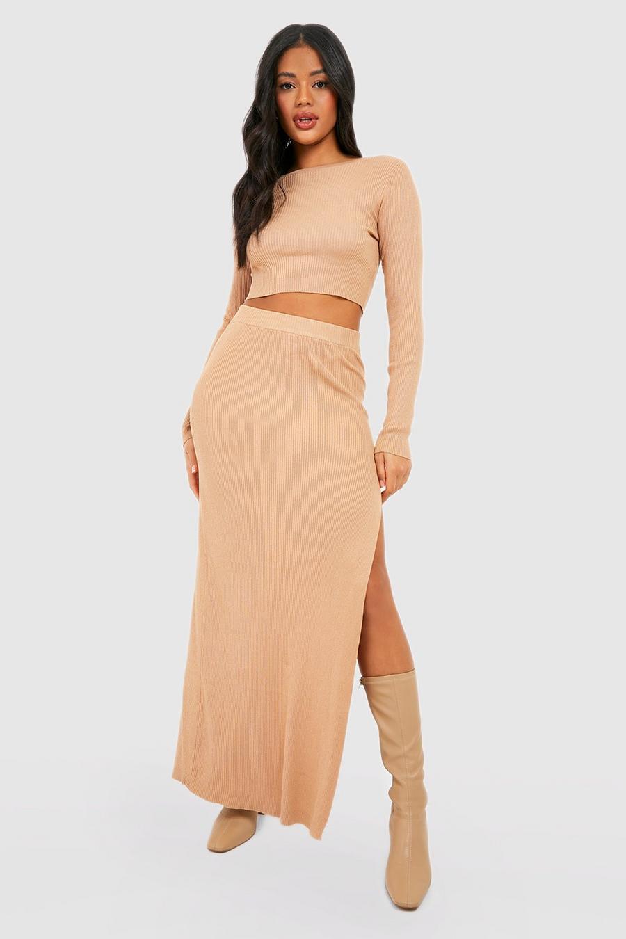 Camel Rib Knit Jumper And Maxi Skirt Co-ord image number 1