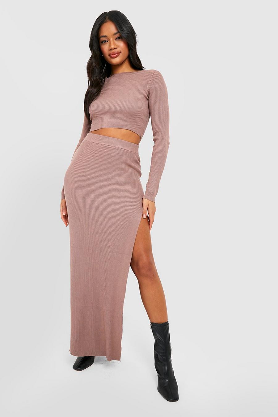 Mocha Rib Knit Sweater And Maxi Skirt Two-Piece image number 1