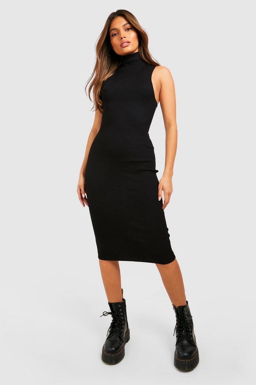 Black High Neck Rib Knitted Midaxi Dress image number 1