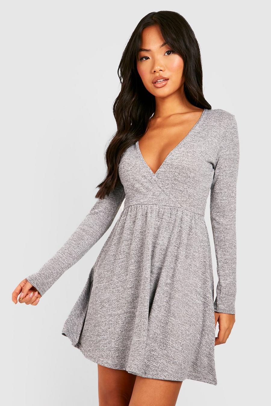 Grey Petite Melange Knit Wrap Skater Dress image number 1