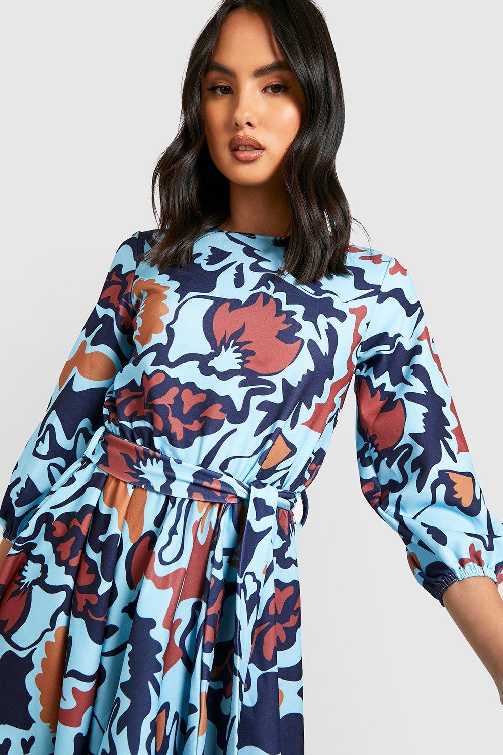 Printed Scuba Crepe Belted Skater Dress boohoo