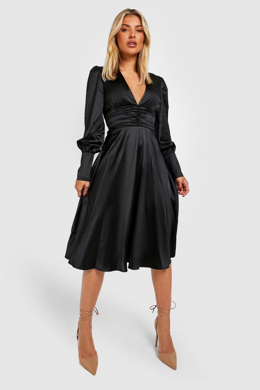 Black Satin Plunge Ruched Waist Midi Dress image number 1