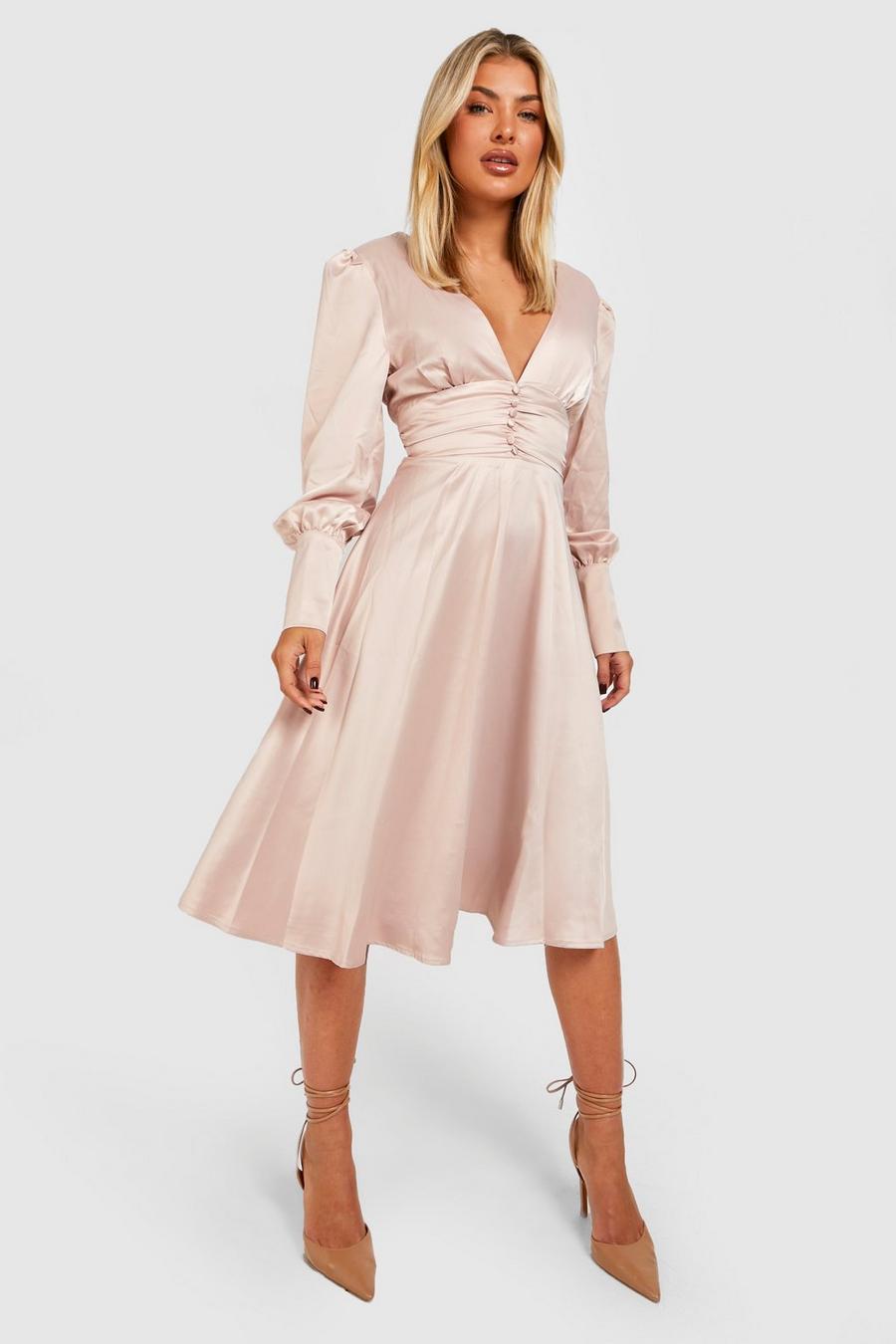 Champagne Satin Plunge Ruched Waist Midi Dress image number 1