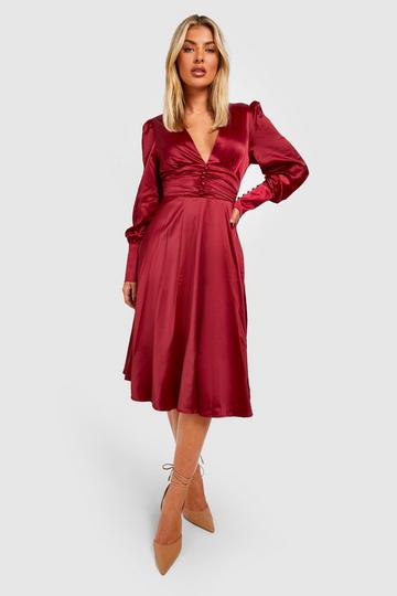 Satin Plunge Ruched Waist Midi Dress wine