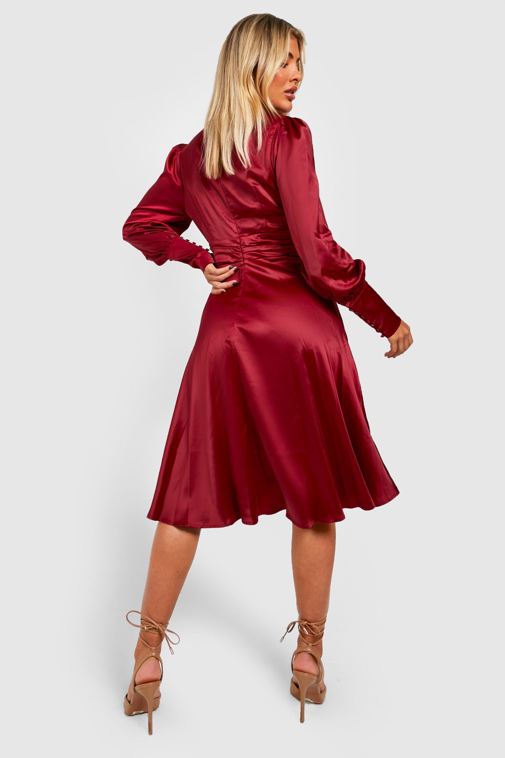 Satin Plunge Ruched Waist Midi Dress