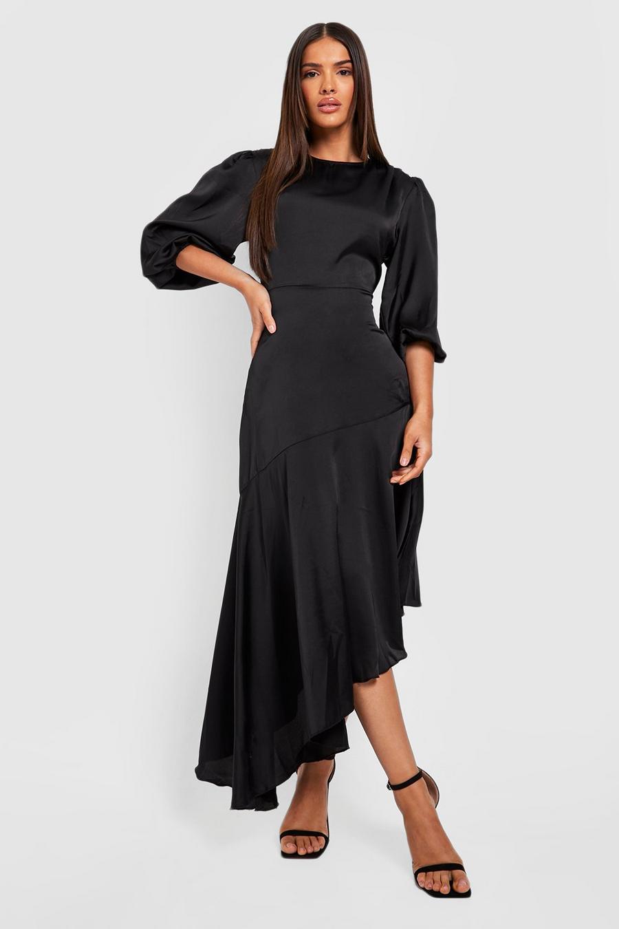 Black Satin Puff Sleeve Ruffle Hem Midi Dress image number 1