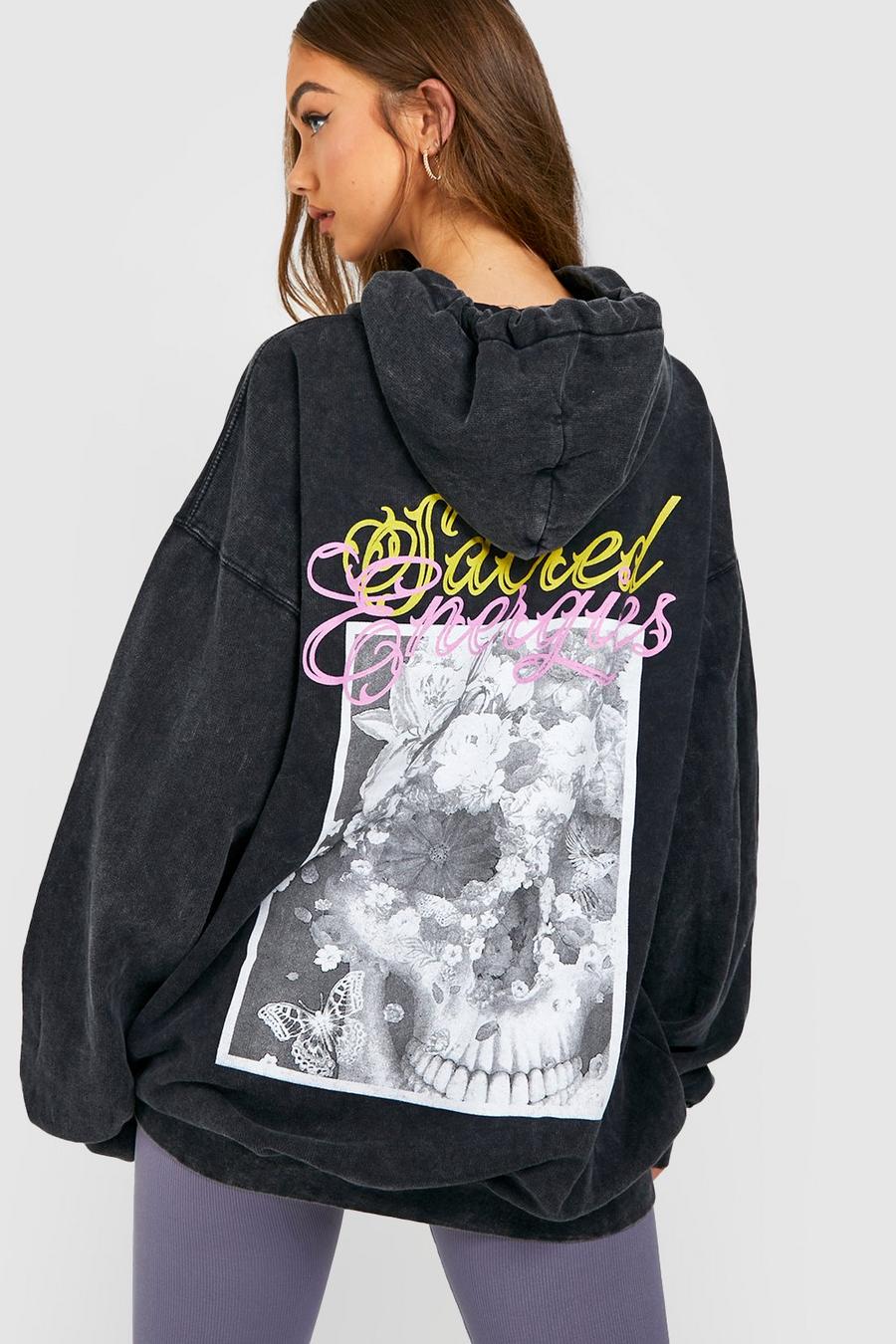 Charcoal Butterfly Skull Acid Wash Oversized Hoodie image number 1